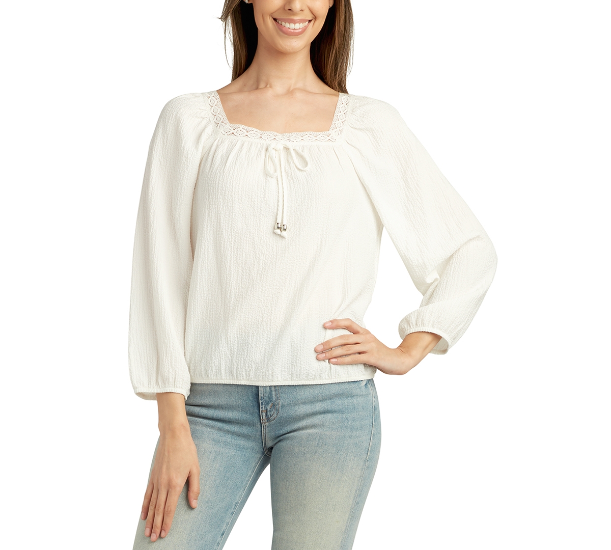 Bcx Juniors' Square-neck Mid-sleeve Peasant Top In Off White