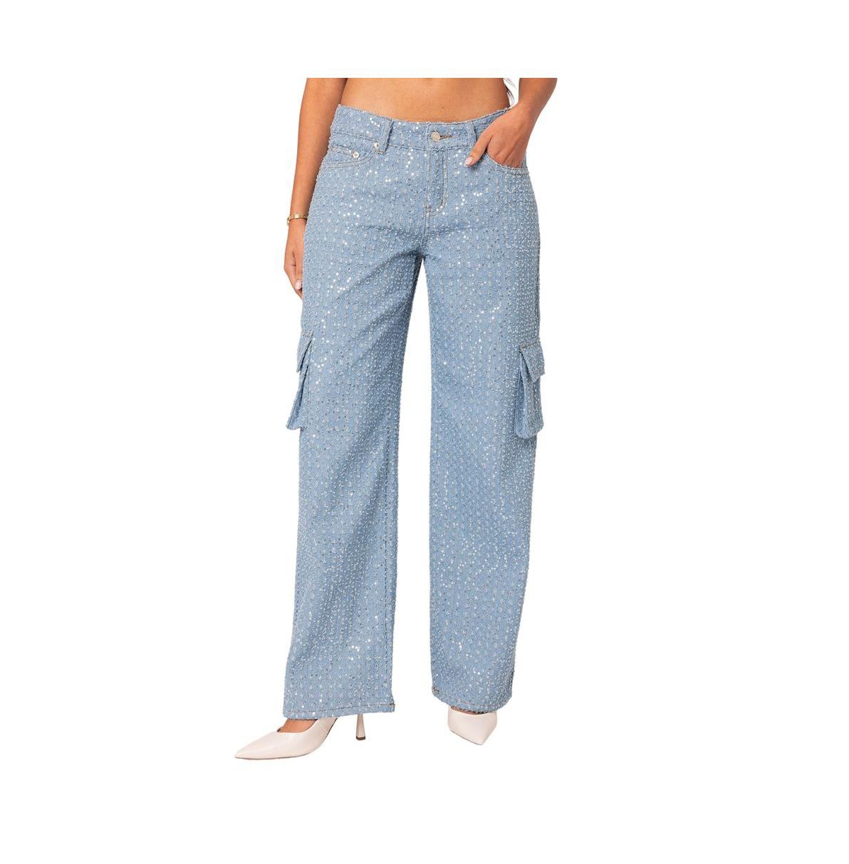 Women's Icing sequin low rise cargo jeans - Light-blue