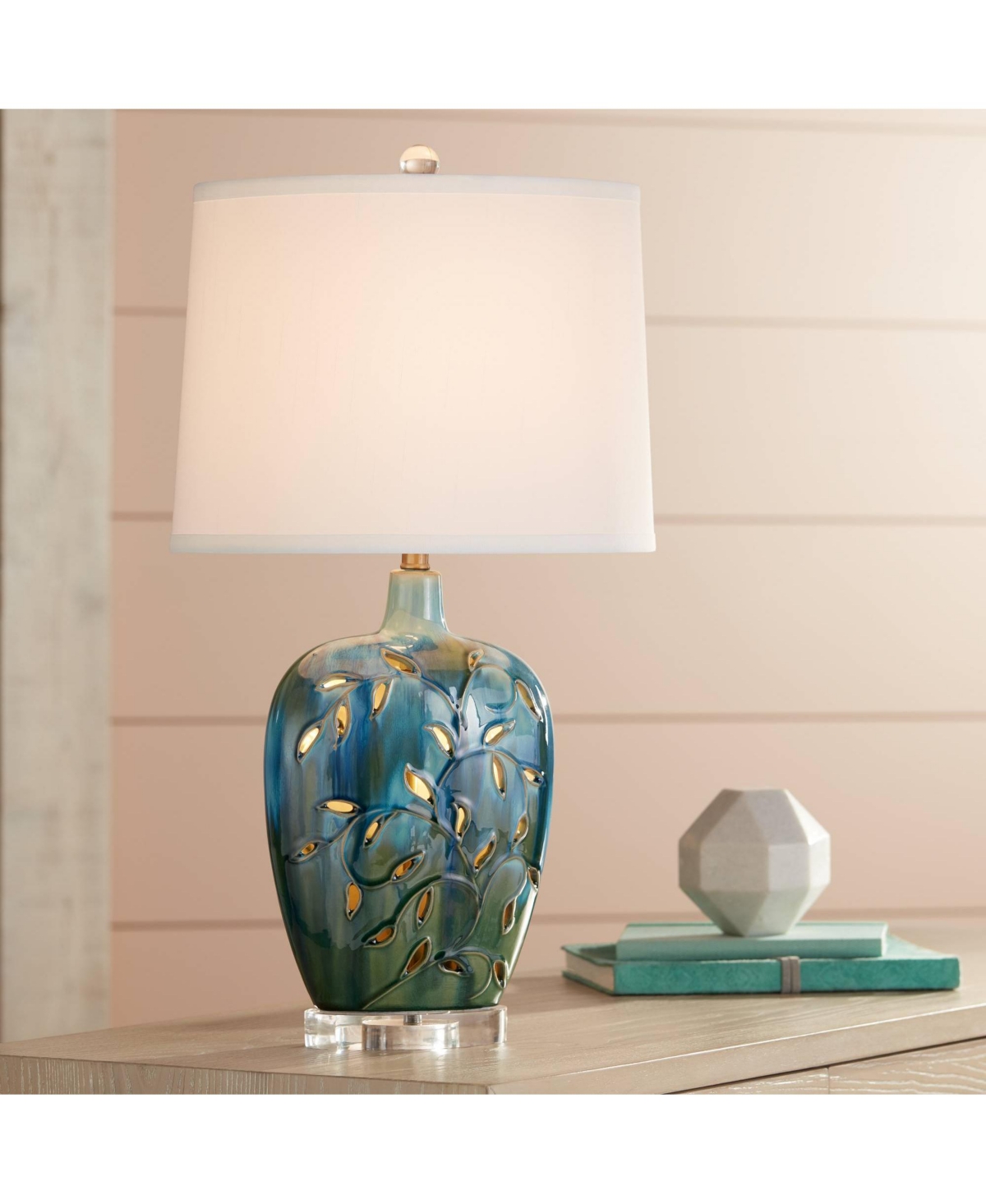 360 Lighting Devan Cottage Table Lamp With Nightlight 24.5" High Ceramic Blue Acrylic Vine Handcrafted Oval Fabri