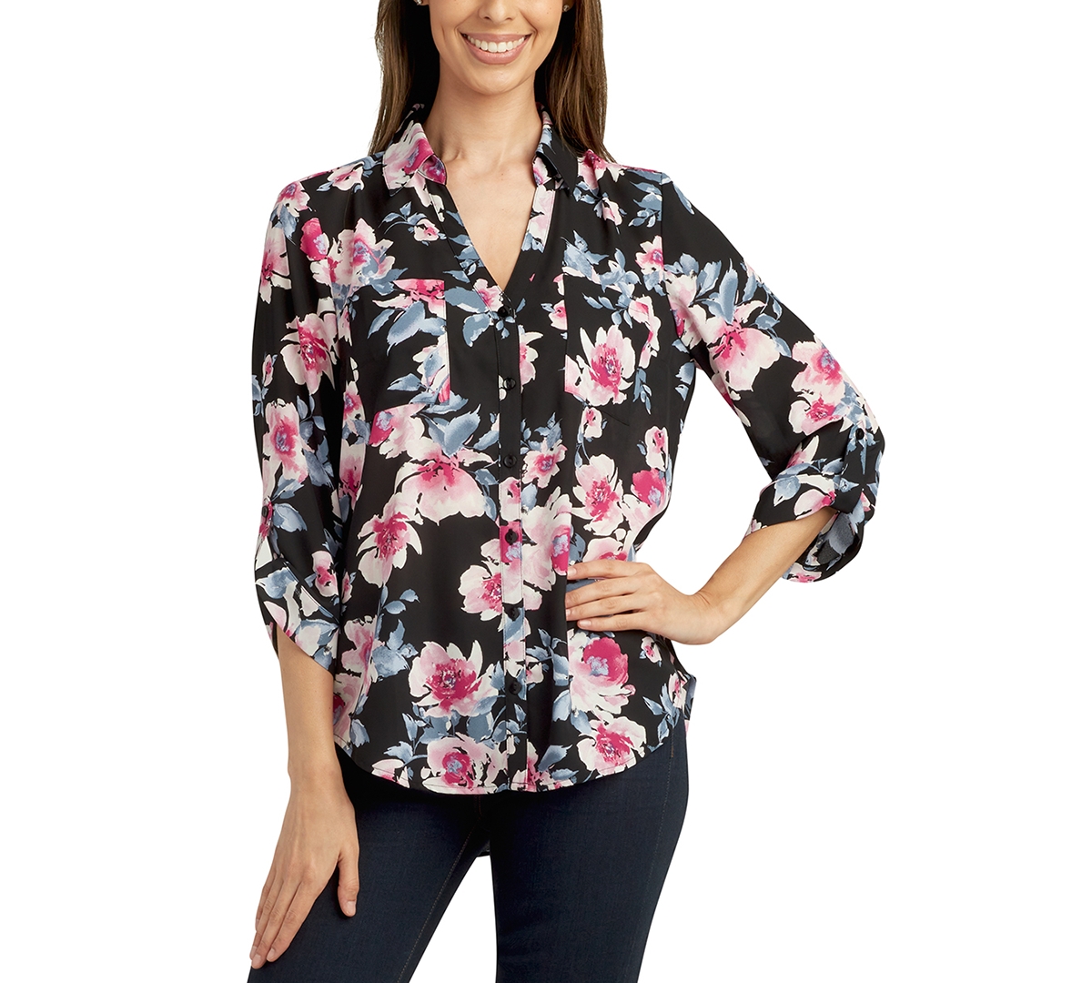 Bcx Juniors' Floral-print Roll-sleeve Button-up Blouse In Pat C