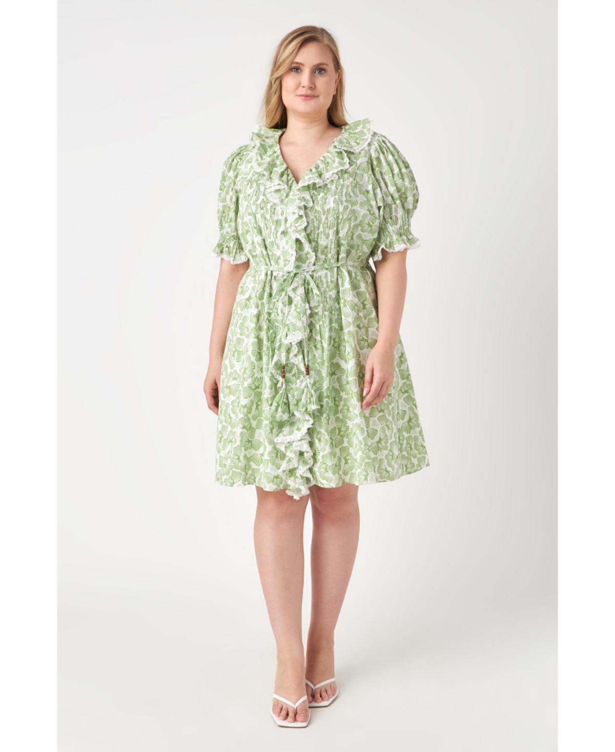 Women's Plus size Ruffle Pin tuck Dress - White/green