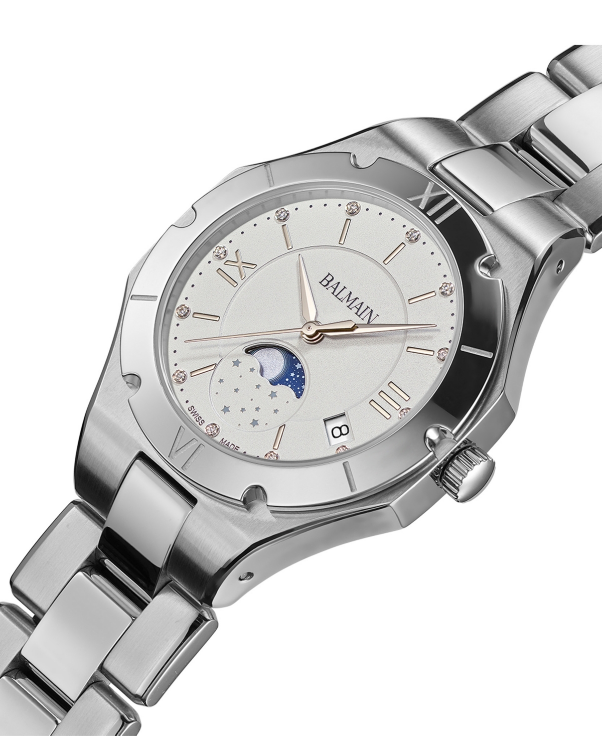 Shop Balmain Women's Swiss Be  Moonphase Diamond (1/20 Ct. T.w.) Stainless Steel Bracelet Watch 33mm In Silver