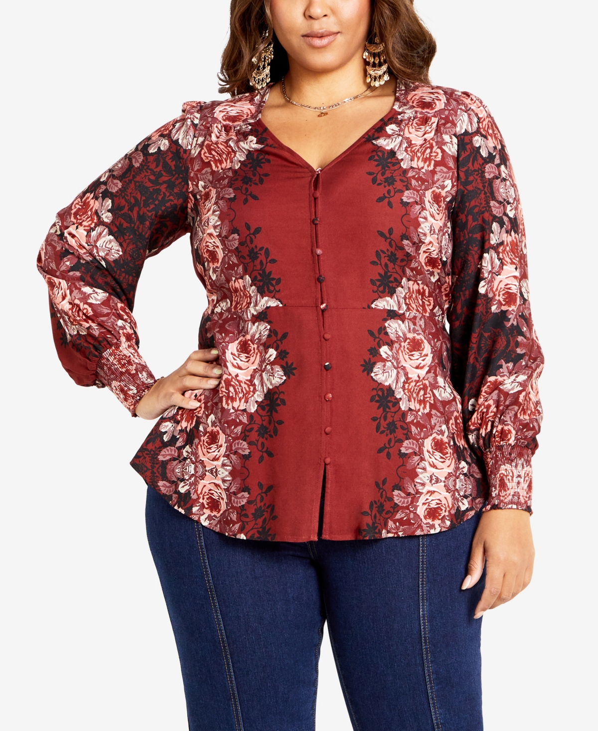 Avenue Plus Size Bella Placement V-neck Top In Flame