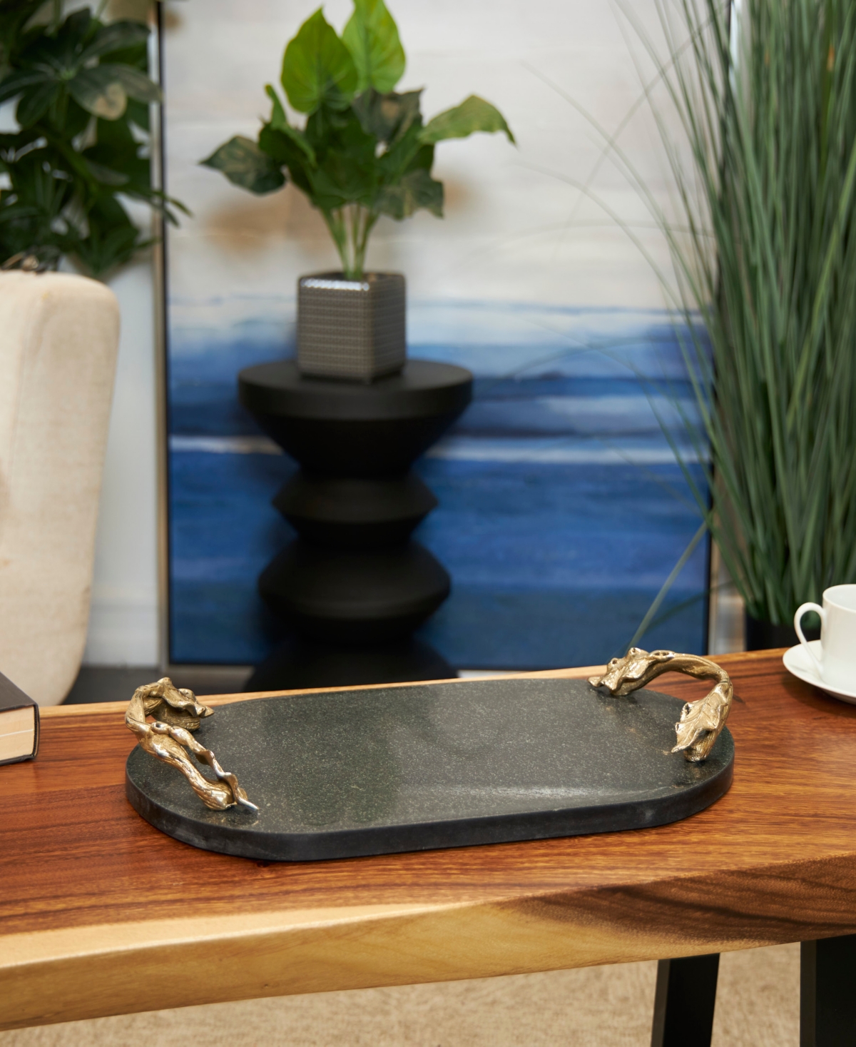 Shop Rosemary Lane Real Marble Oval Tray With Gold-tone Leaf Handles, 19" X 10" X 2" In Black