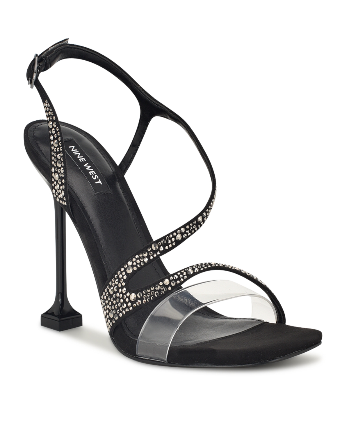 Shop Nine West Women's Nines Embellished Tapered Heel Dress Sandals In Black,clear - Faux Suede,manmade