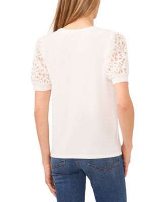 Women's Crochet Puff Sleeve Mix Media Knit Top