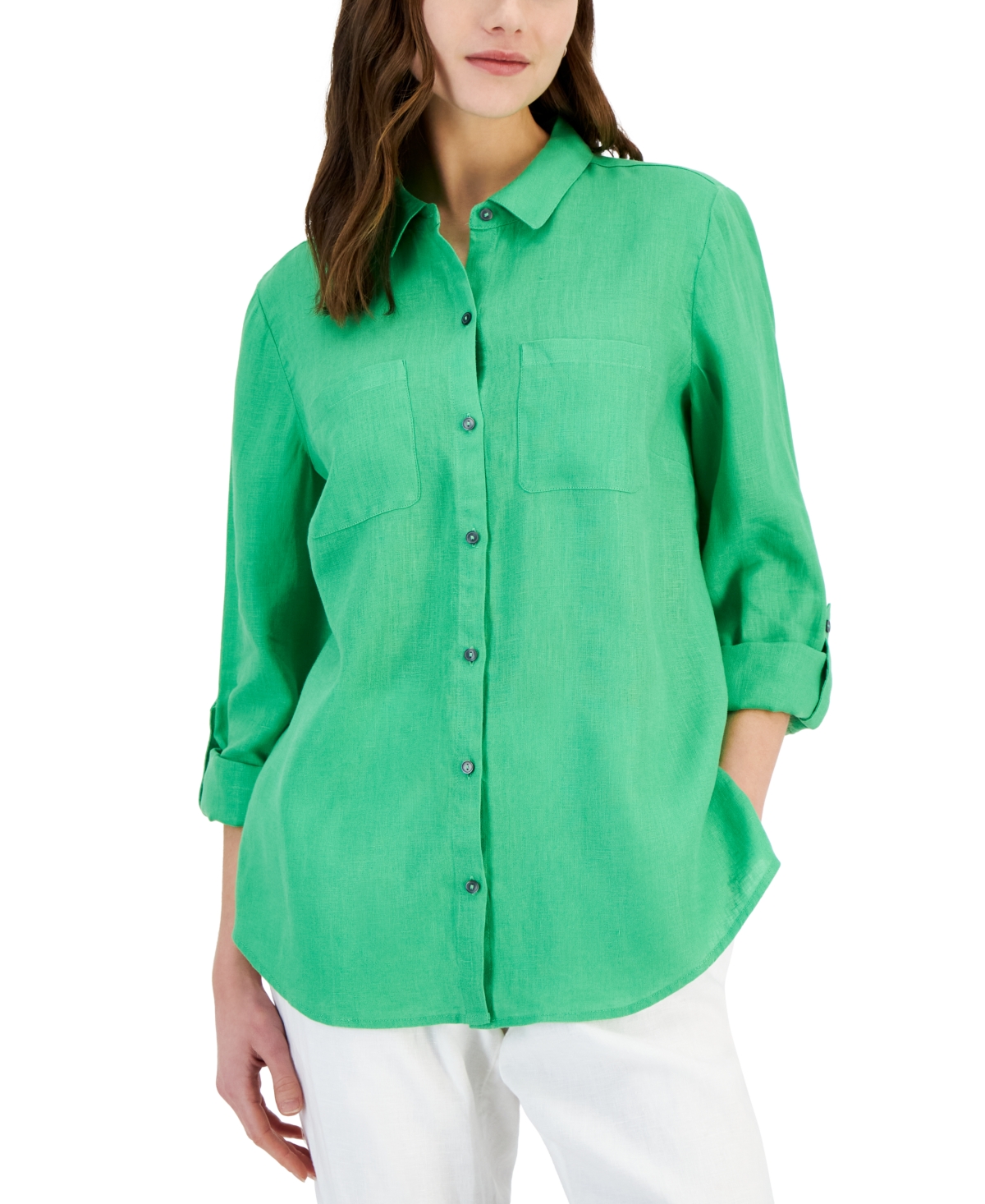 Shop Charter Club Petite 100% Linen Button-front Shirt, Created For Macy's In Green Flash