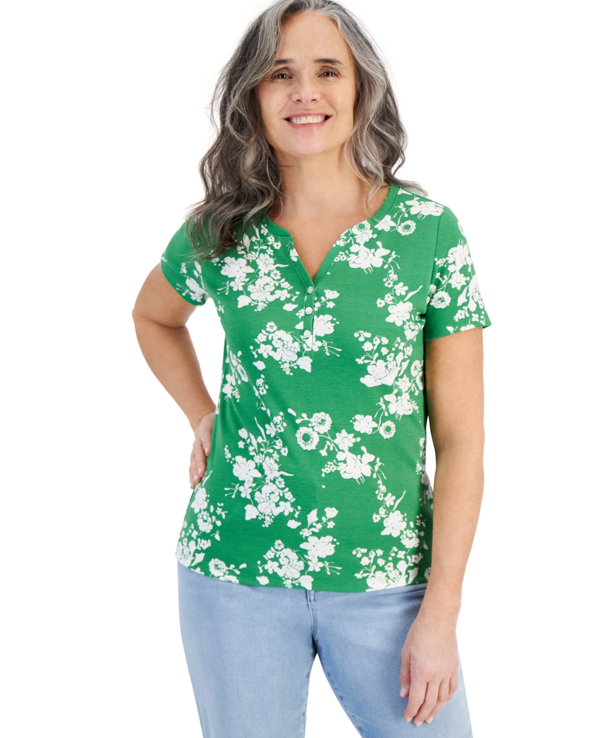 Shop Style & Co Women's Short-sleeve Printed Henley Top, Created For Macy's In Navy Floral