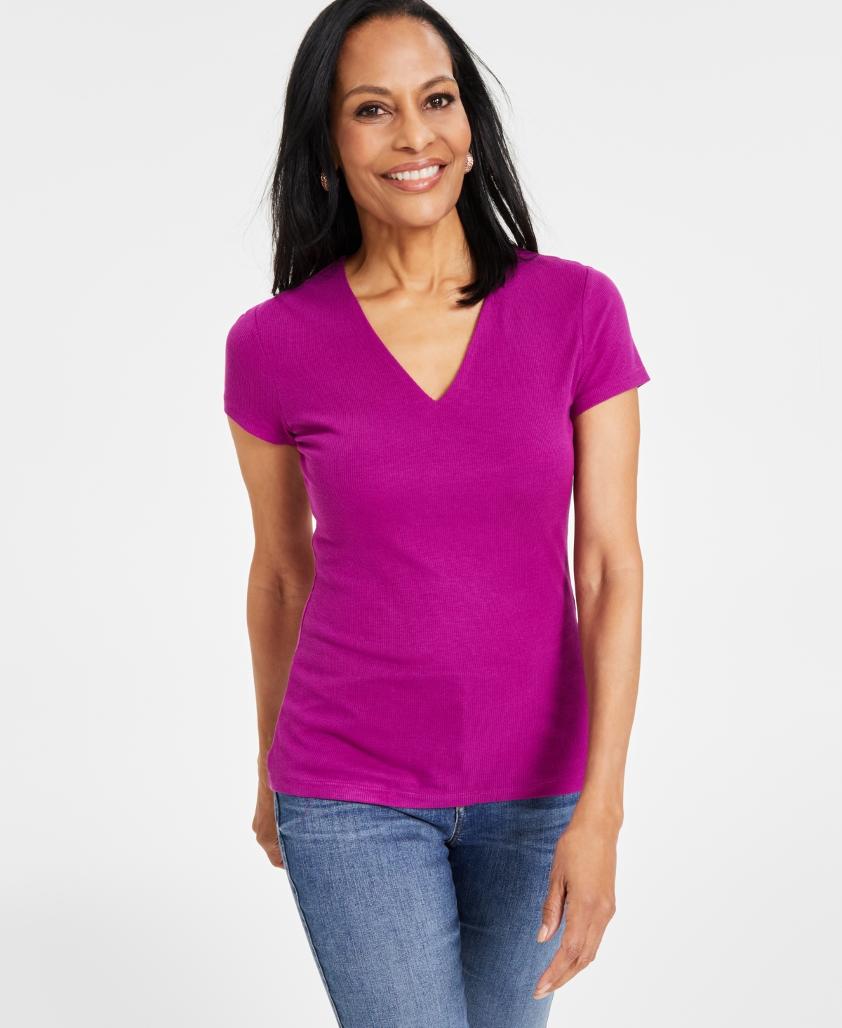 Inc International Concepts Women's Ribbed V-neck Top, Created For Macy's In Violet Orchid