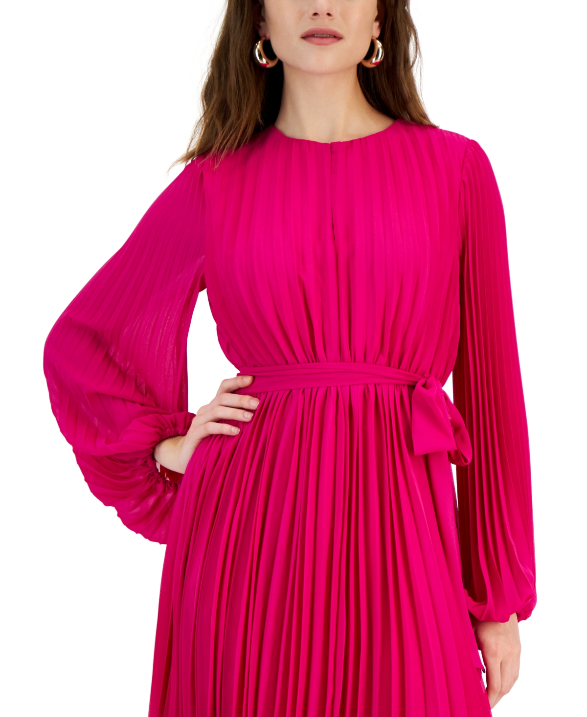 Shop Sam Edelman Women's Round-neck Pleated Plisse Tie-waist Dress In Dark Pink