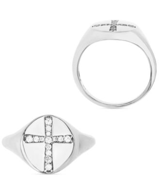 Cubic Zirconia Pav&eacute; Cross Polished Signet Ring