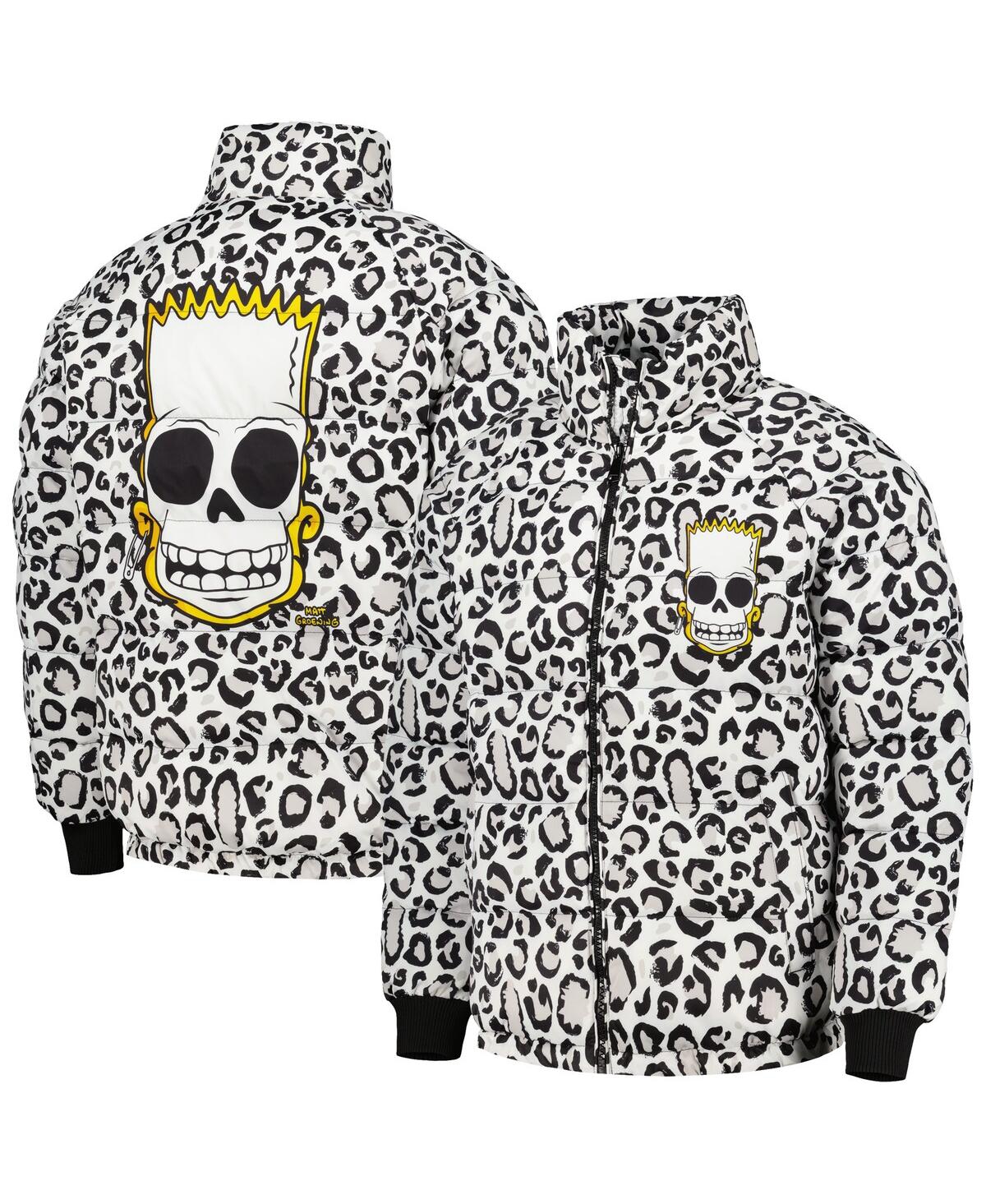 Freeze Max Men's  White The Simpsons Bart Leopard Print Raglan Full-zip Puffer Jacket