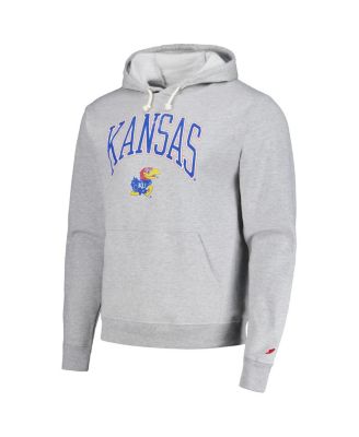 Men's Heather Gray Distressed Kansas Jayhawks Tall Arch Essential Pullover Hoodie