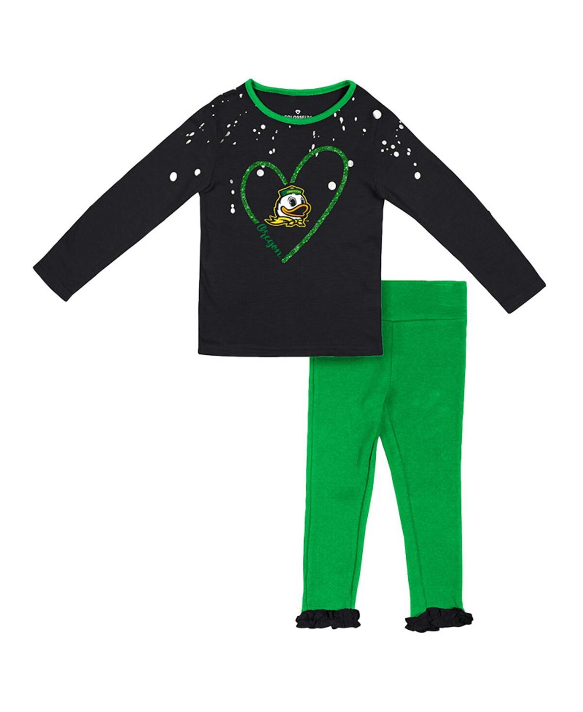 Colosseum Babies' Girls Toddler  Black, Green Oregon Ducks Onstage Long Sleeve T-shirt And Leggings Set In Black,green