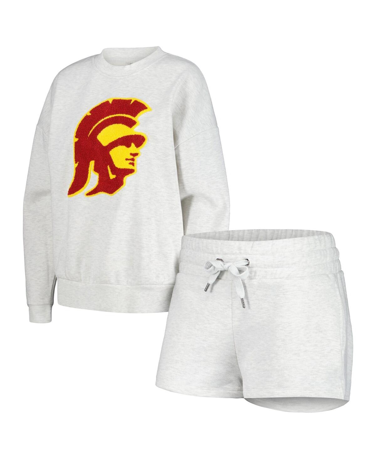 Shop Gameday Couture Women's  Ash Usc Trojans Team Effort Pullover Sweatshirt And Shorts Sleep Set