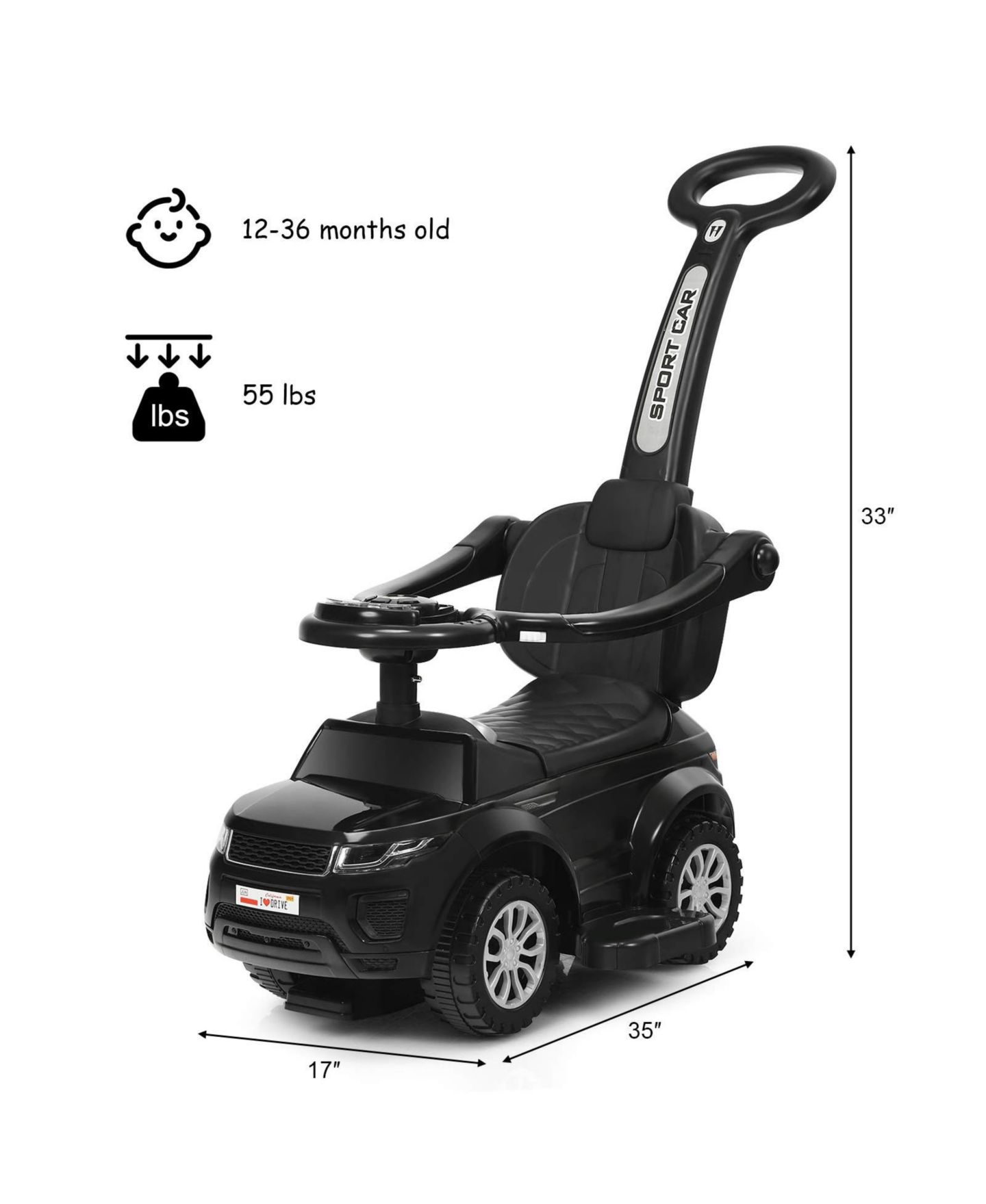 Детская игрушка SUGIFT 3-in-1 Ride-on Push Car with Music, 35"L x 17"W x 33"H, 55 lb. Capacity, Ages 1+ — фото 11