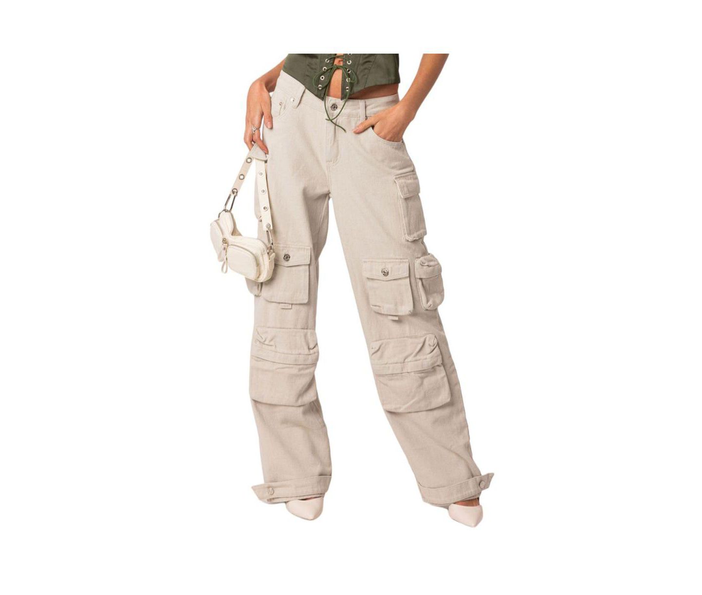 Женские джинсы Edikted Oversize Boyfriend Cargo Jeans with Pockets, цвет: Серо-бежевый — фото 2