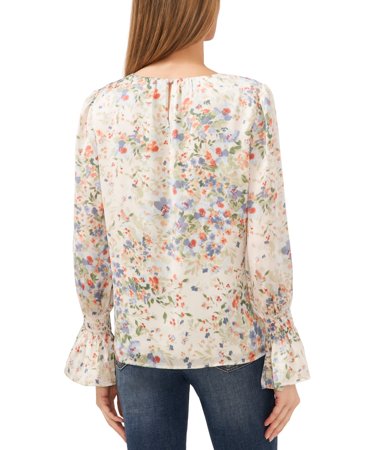 CeCe Women's Floral Print Smocked Cuff Blouse