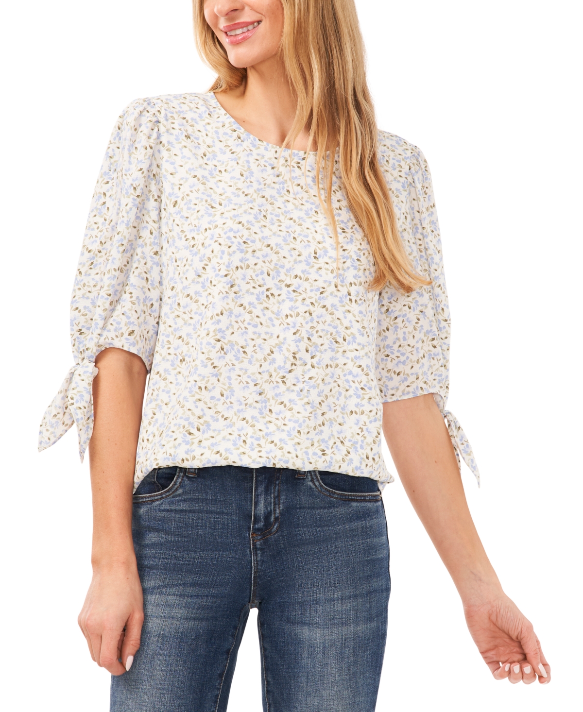 Cece Women's Floral Tie-sleeve Blouse In New Ivory