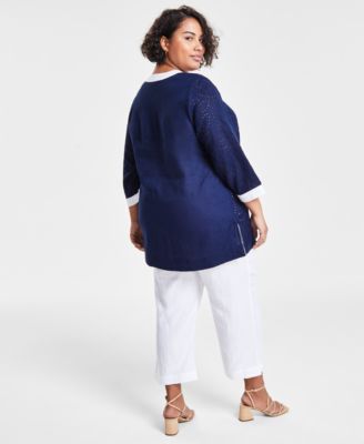 Shop Charter Club Plus Size 100 Linen Contrast Trim Top Cropped Pants In Intrepid Blue