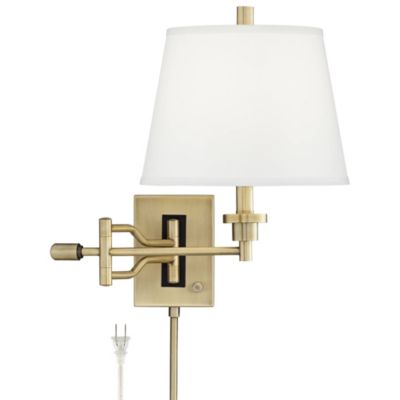 Eleganta Swing Arm Wall Lamp with Cord Cover Brushed Satin Brass Plug-in Light Fixture White Linen Empire Shade for Bedroom Living Room