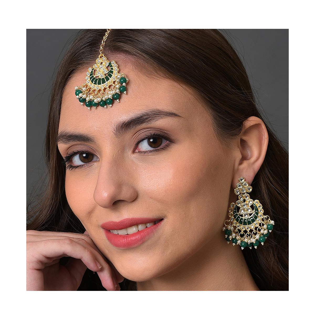 Shop Sohi Women's Green Stone Drop Earrings & Maangtikka Set