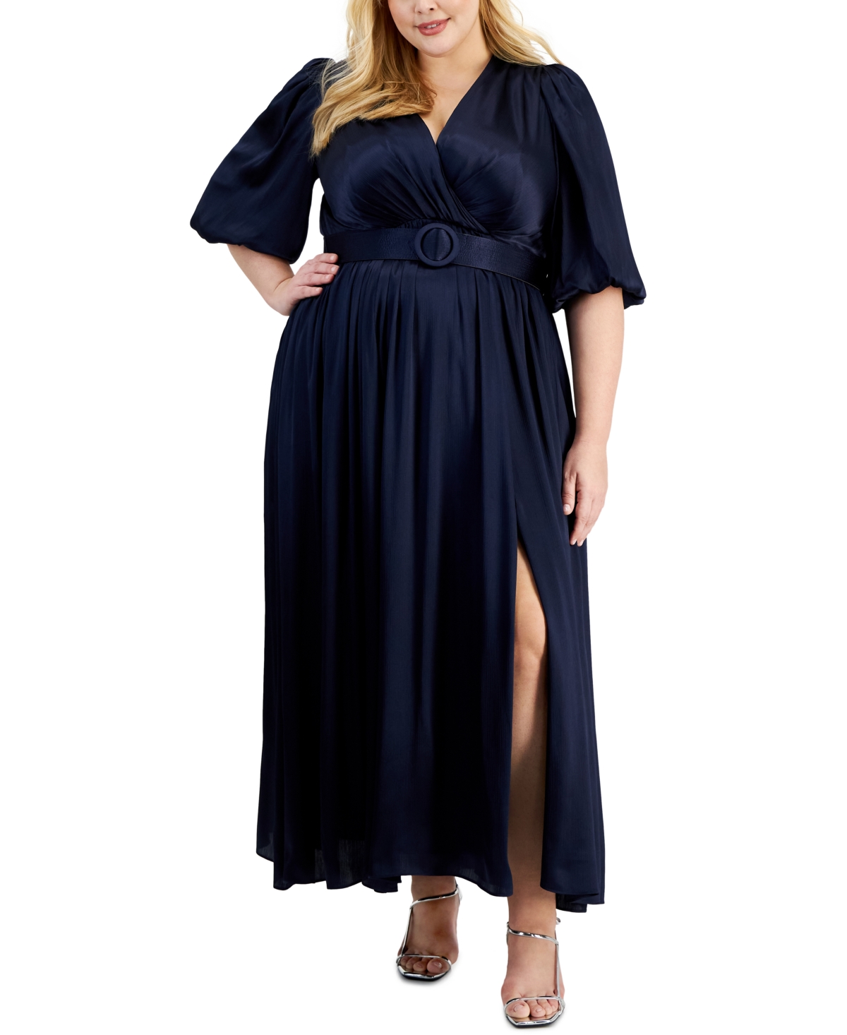 Shop Taylor Plus Size Surplice-neck Belted Satin Maxi Dress In Navy