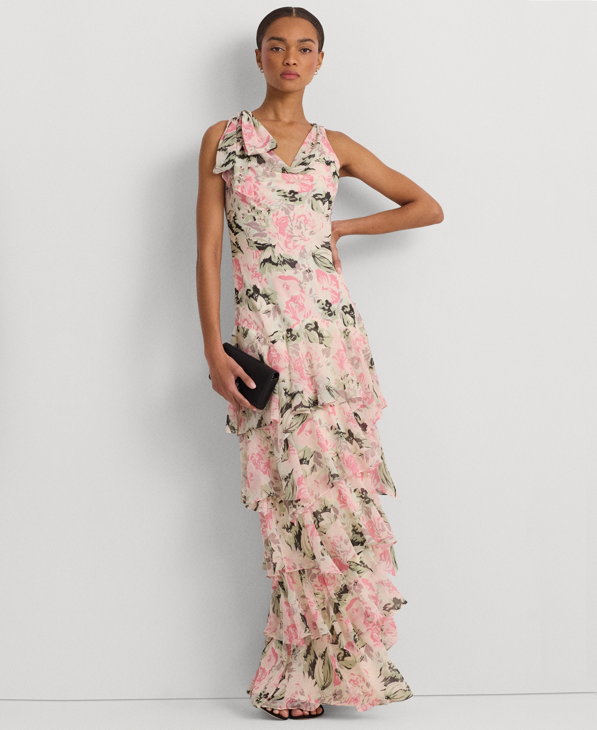 Shop Lauren Ralph Lauren Women's Tiered Ruffled A-line Gown In Cream,pink,multi