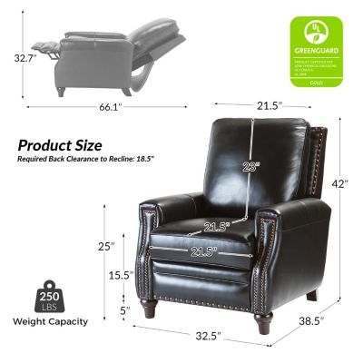 Bellino Mid Century Modern Genuine Leather Recliner with Nailhead Trim