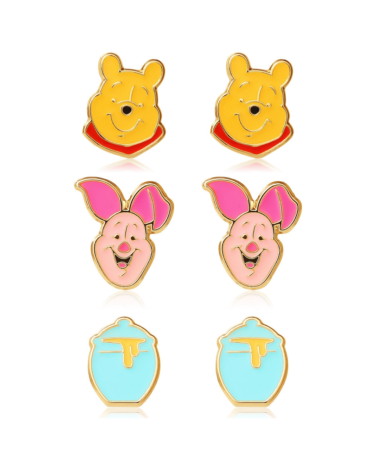 Winnie the Pooh Gold Flash Plated Stud Earring Set, 3 Pairs - Yellow, pink, blue
