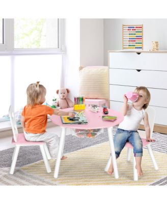 Kids Wooden Round Table & 2 Chair Set w/ Center Mesh Storage