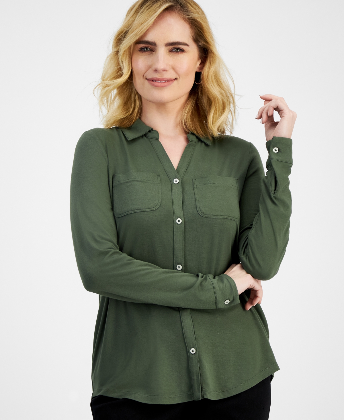 Shop Style & Co Petite Button-front Long-sleeve Knit Shirt, Created For Macy's In Oliva