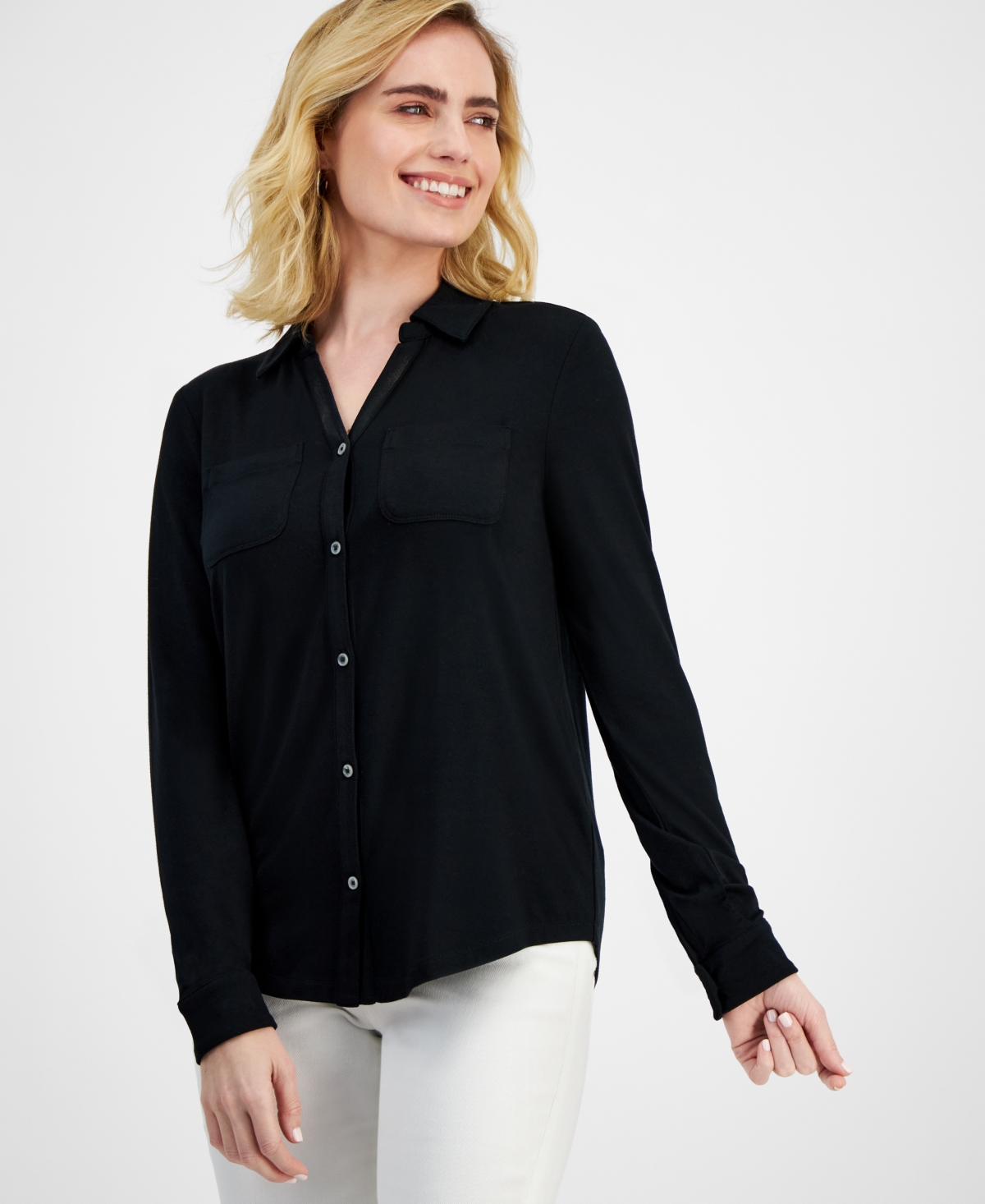 Shop Style & Co Petite Button-front Long-sleeve Knit Shirt, Created For Macy's In Deep Black