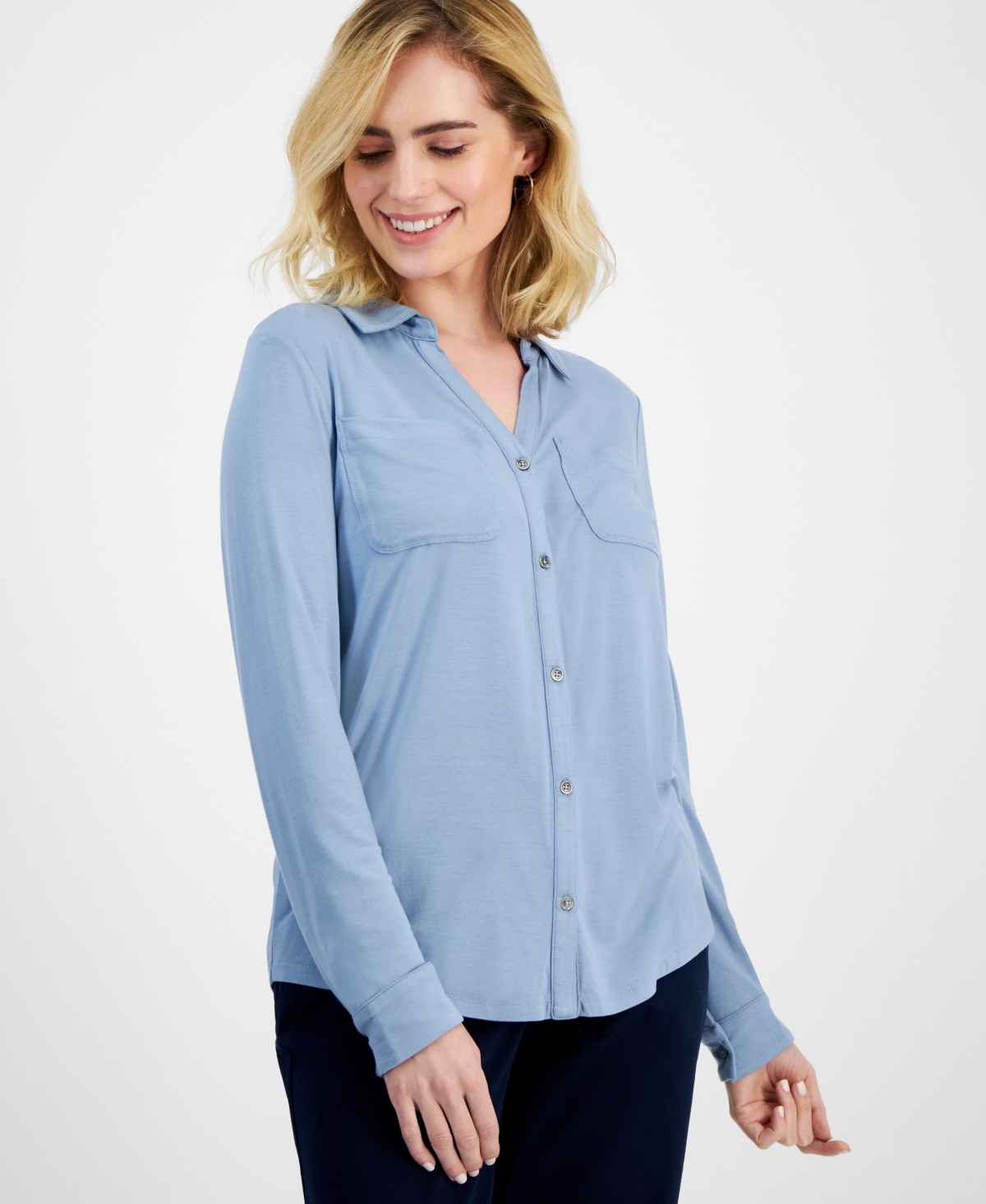 Shop Style & Co Petite Button-front Long-sleeve Knit Shirt, Created For Macy's In Blue Fog