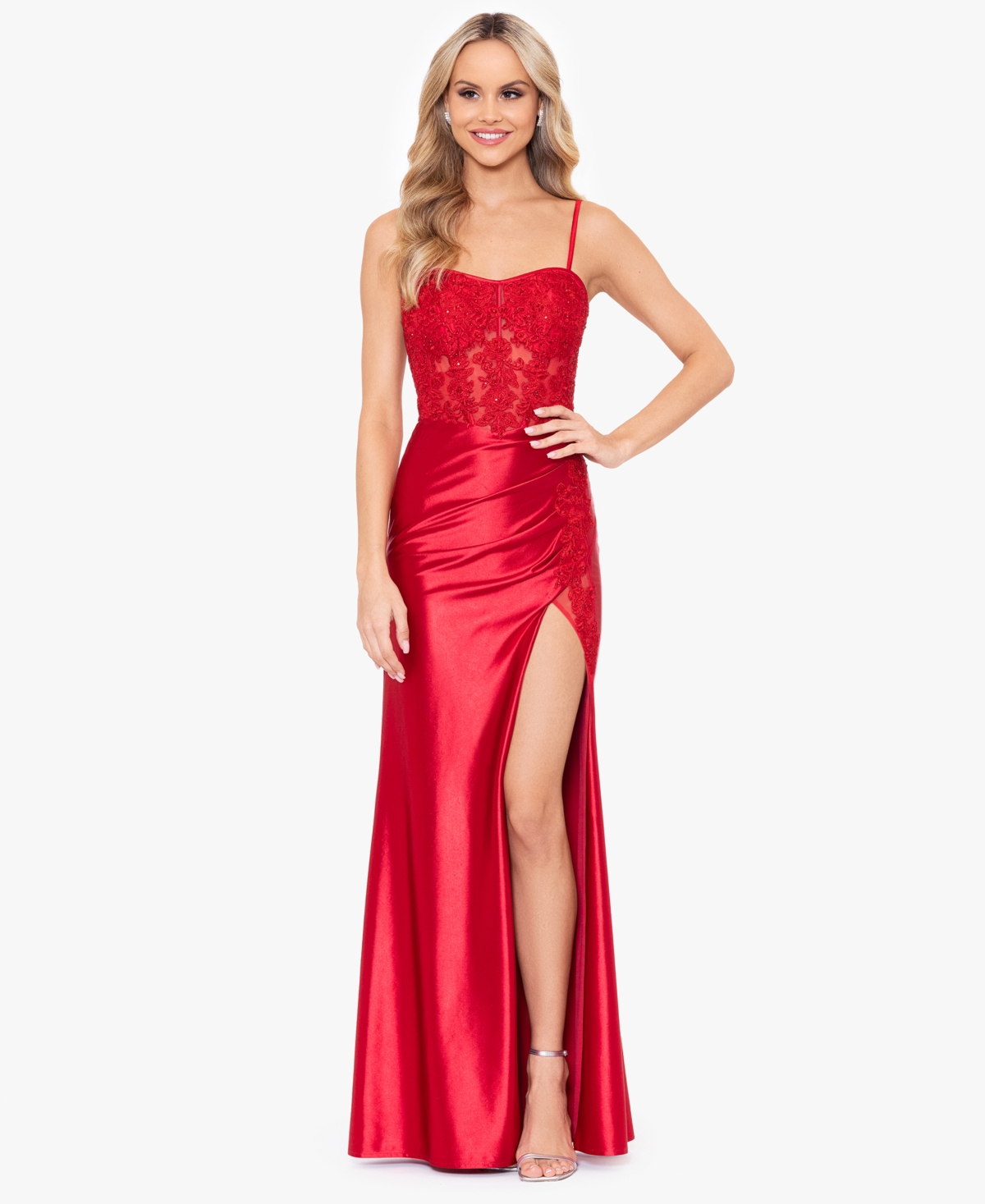 Juniors' Satin Sequined-Lace Corset Gown - Red