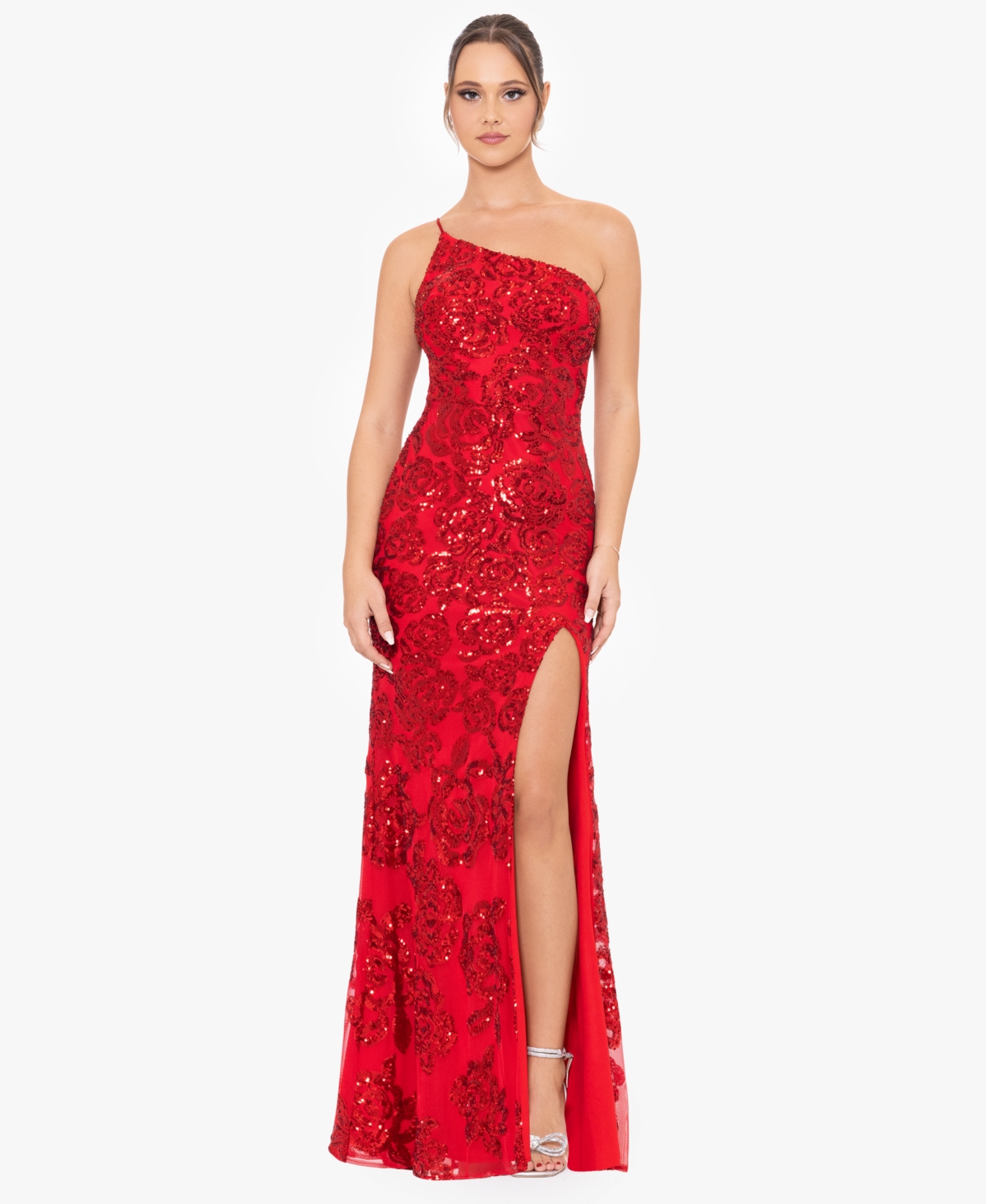 Juniors' Floral-Sequined One-Shoulder Gown - Red