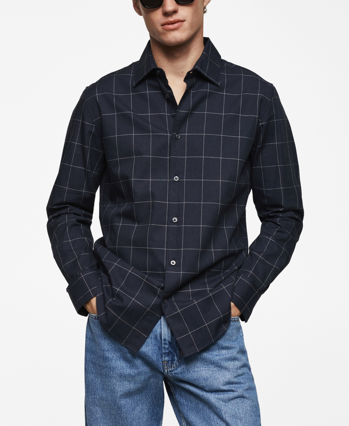 Shop Mango Men's Check Flannel Cotton Shirt In Navy