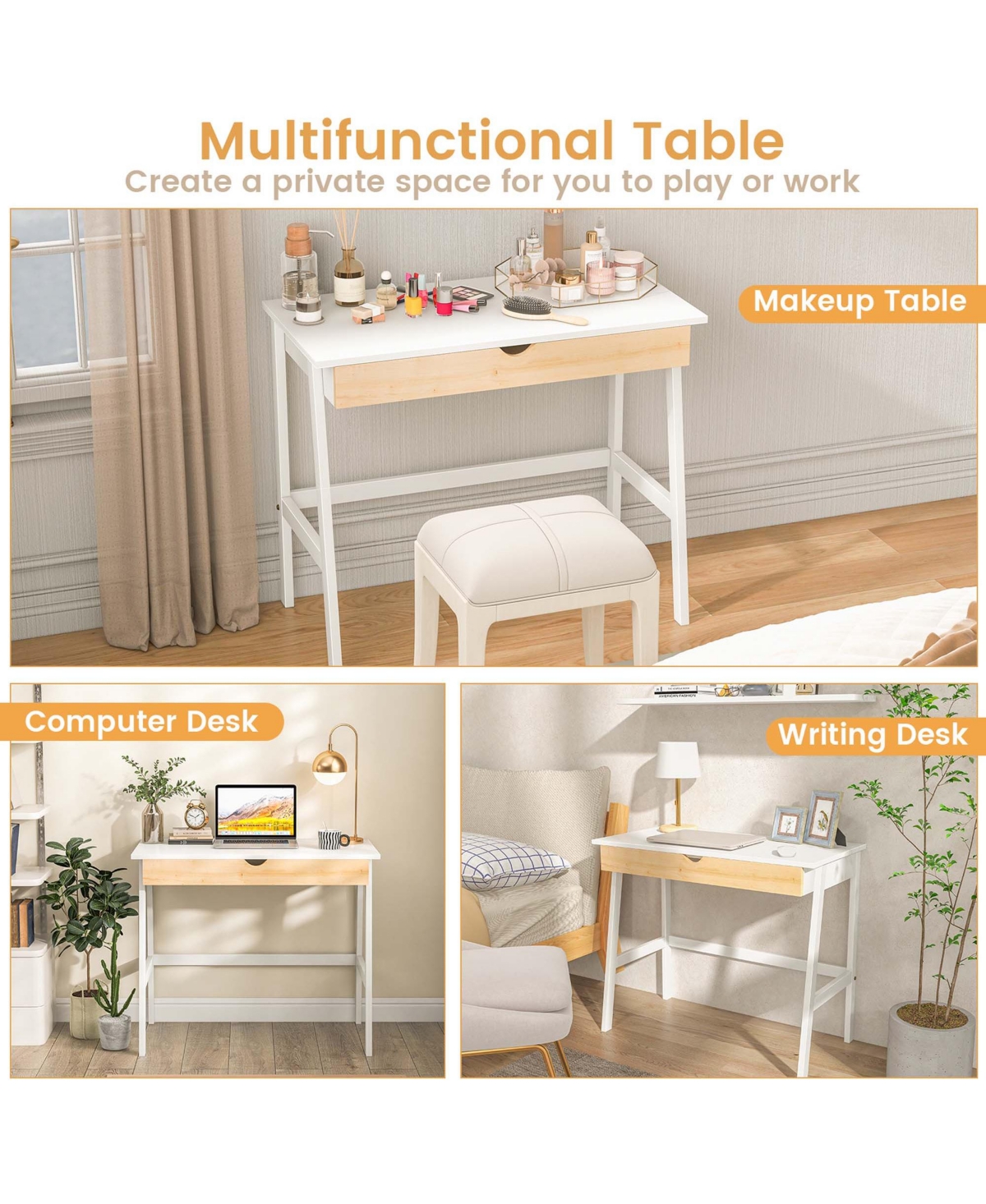 Computer Desk Wooden Workstation Vanity Table w/ 1 Drawer & Rubber Wood Legs