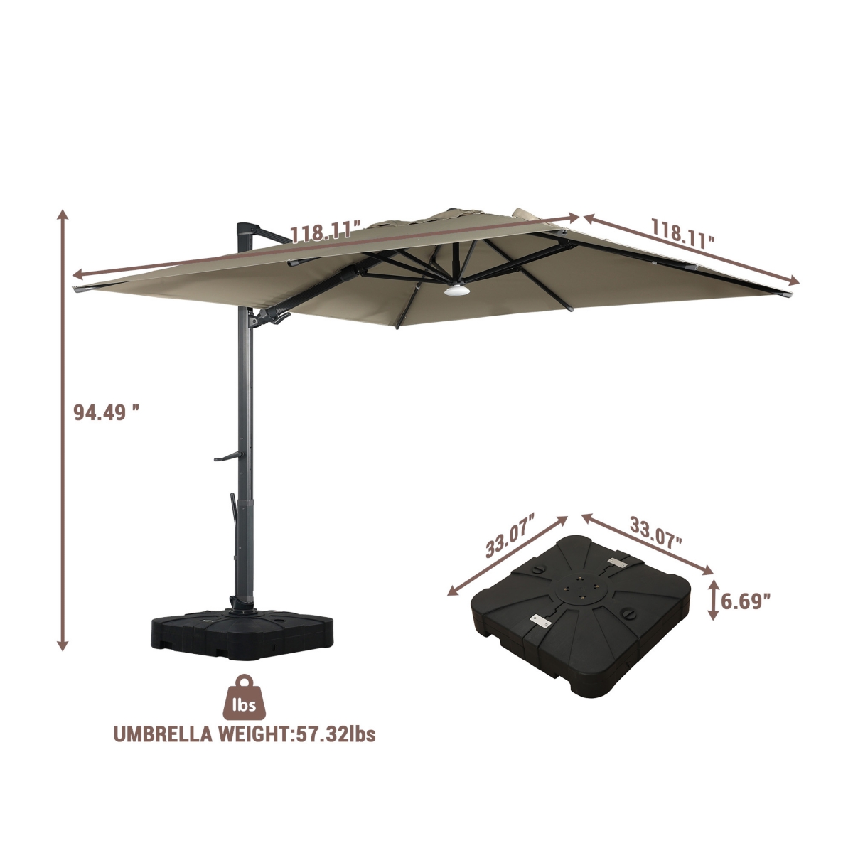 Mondawe 10ft Square Solar Led Cantilever Outdoor Patio Umbrella with Included Base Weight Stand & Bluetooth Light
