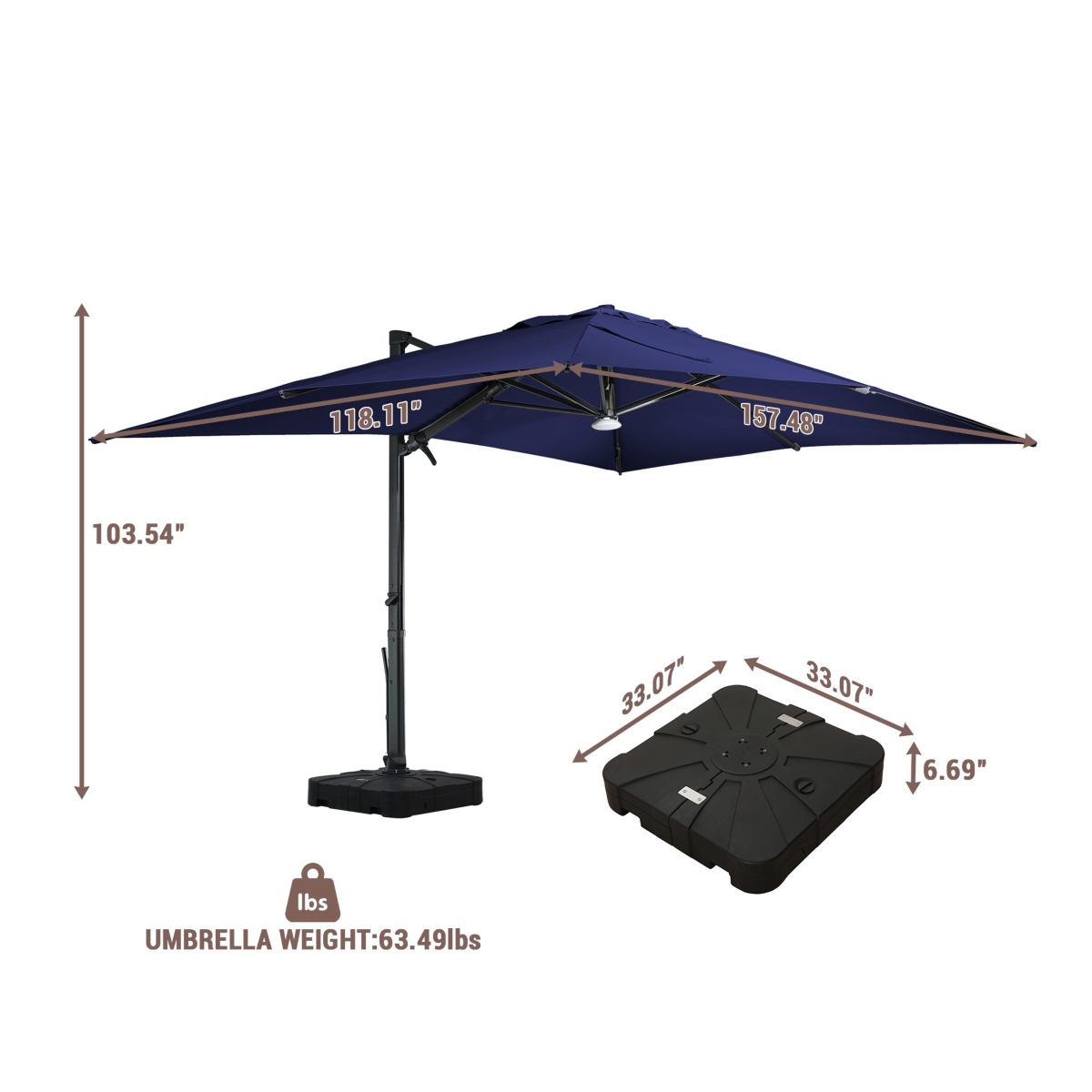 Mondawe 13ft Square Solar Led Cantilever Patio Umbrella with Included Base & Bluetooth Light