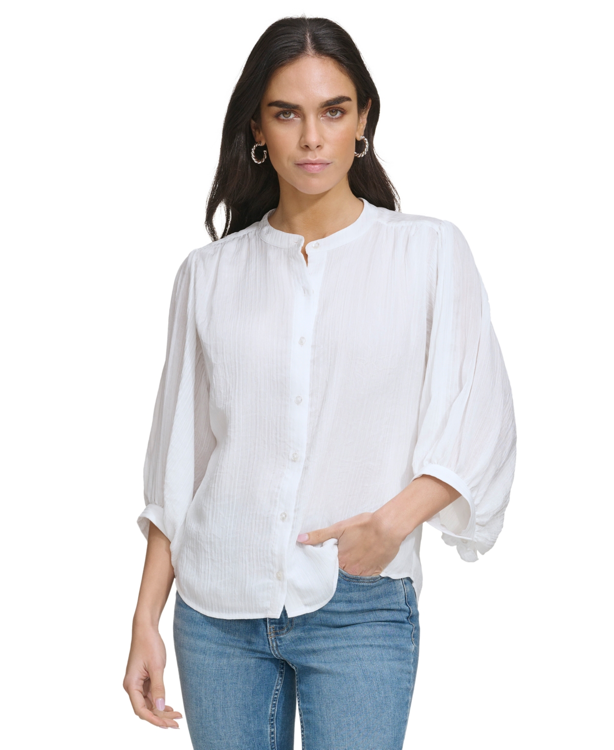 Shop Calvin Klein Women's Textured 3/4-sleeve Blouse In Soft White