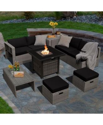 9 Pieces Outdoor Patio Furniture Set with 32-Inch Propane Fire Pit Table