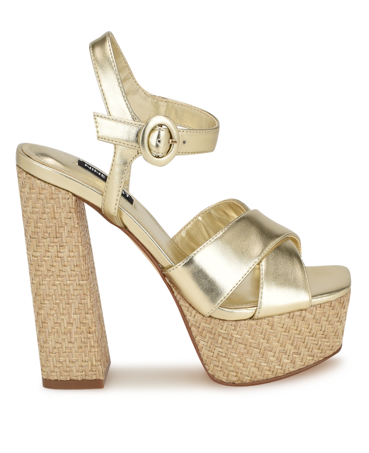 Nine West Women's Vallen Block Heel Open Toe Dress Sandals - Gold- Faux Leather- Polyurethane