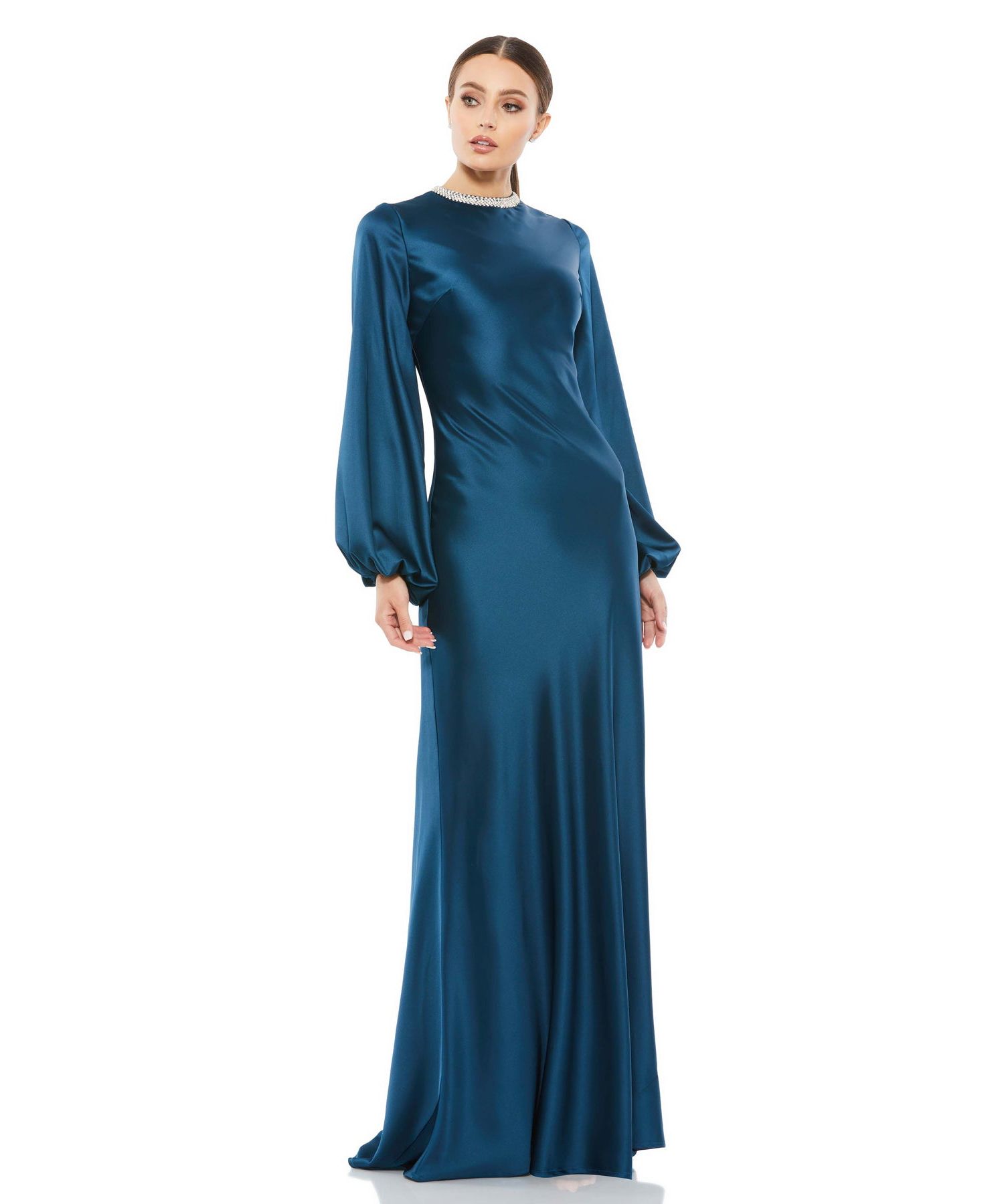 Women's Beaded High Neck Bishop Sleeve Satin Gown
