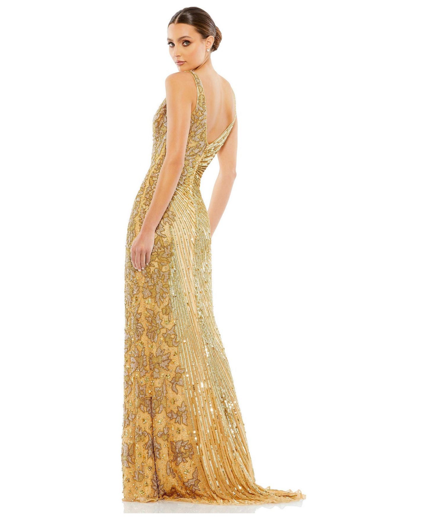 Женские платья Mac Duggal Beaded Floral Sleeveless Gown, цвет: Золотой — фото 3