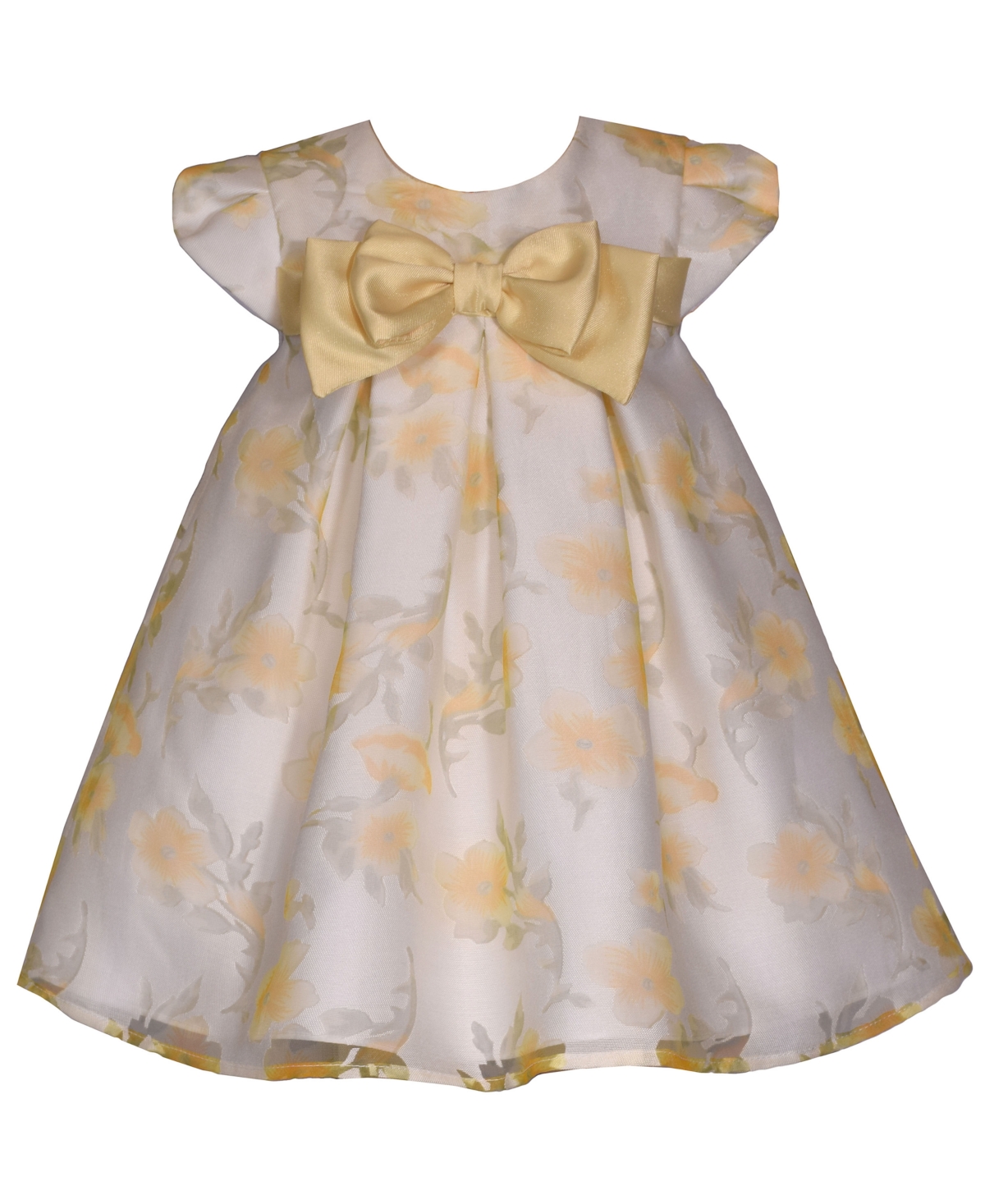 Bonnie Baby Baby Girls Short Sleeved Burnout Trapeze Dress With Satin Bow In Yellow