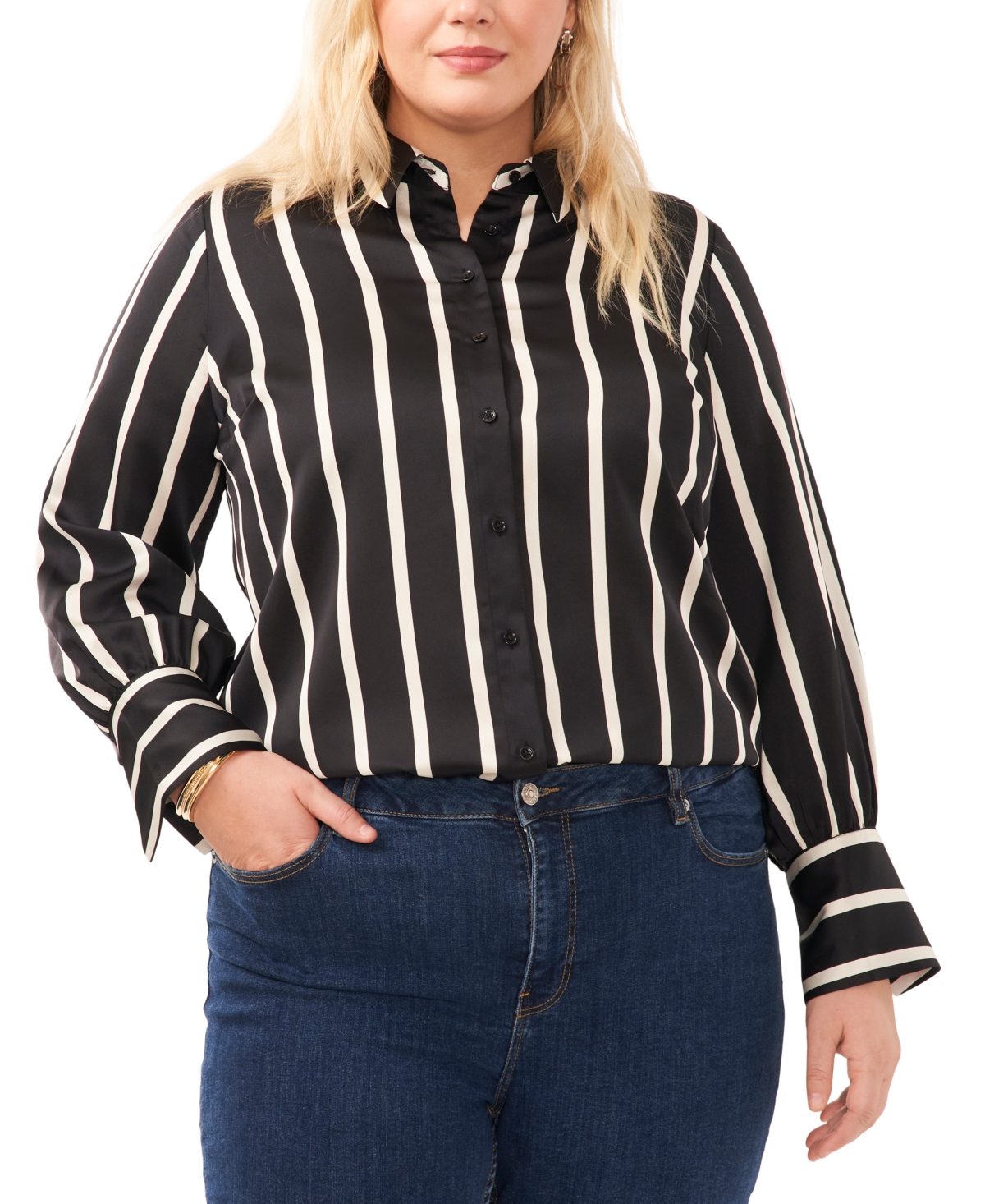 Shop Vince Camuto Plus Size Striped Button-down Bell-sleeve Shirt In Rich Black