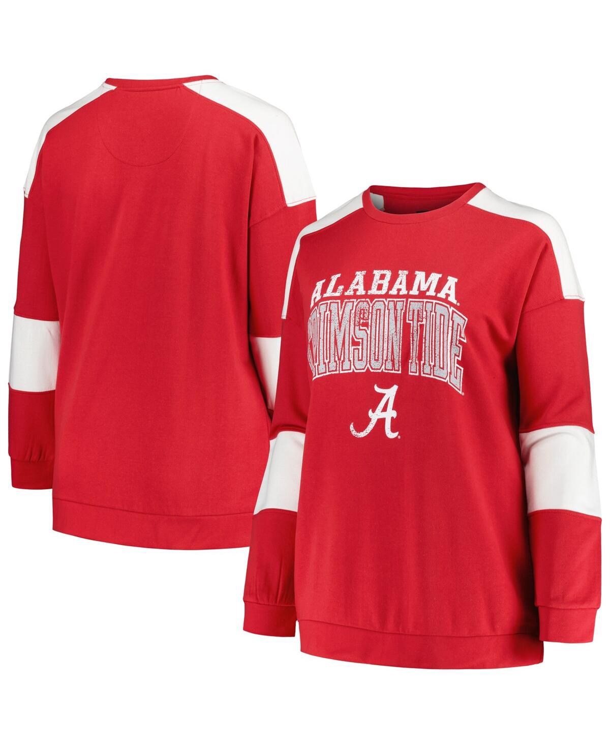 Shop Profile Women's  Crimson Distressed Alabama Crimson Tide Plus Size Striped Pullover Sweatshirt