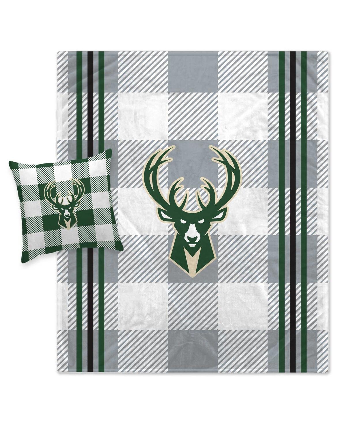 Pegasus Home Fashions Milwaukee Bucks Gray Plaid Stripes Blanket And Pillow Combo Set In Green,gray