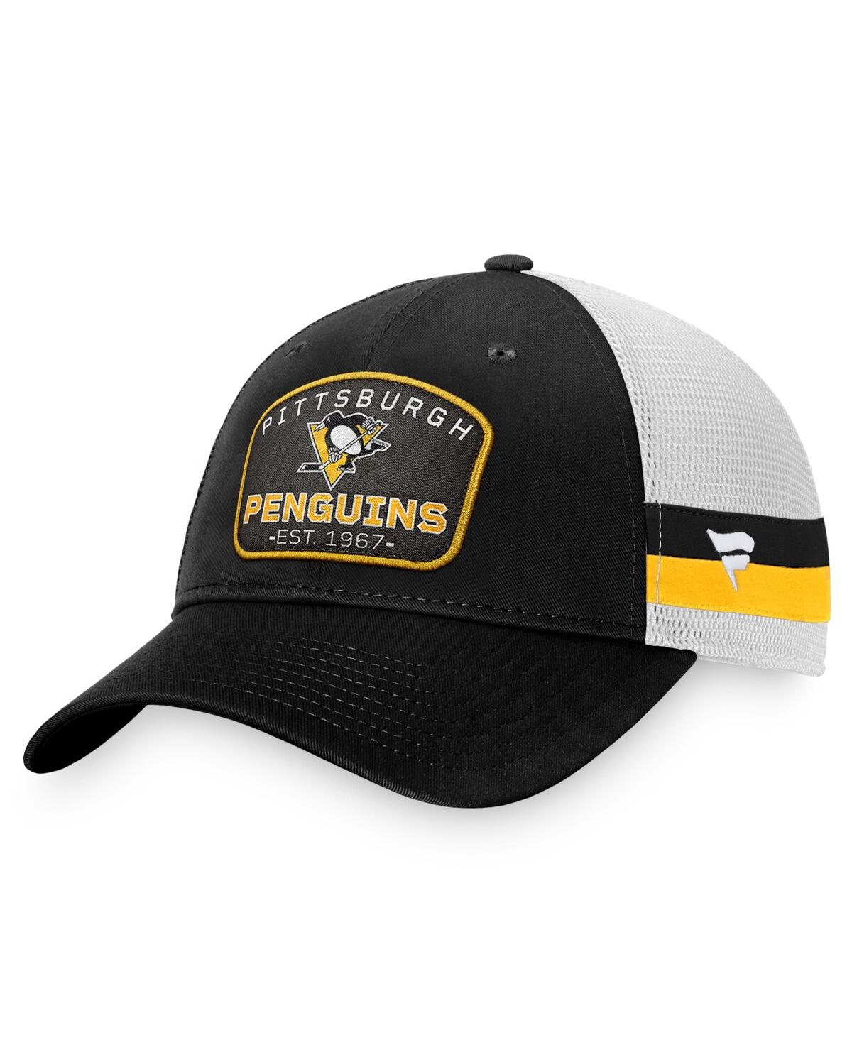 Shop Fanatics Men's  Black, White Pittsburgh Penguins Fundamental Striped Trucker Adjustable Hat In Black,white